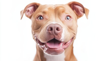 A brown and white dog with a pink nose and blue eyes. The dog is smiling and looking at the camera