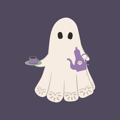 Cute vintage ghost drinking tea vector illustration. Whimsical cartoon Halloween character with tea cup and teapot on dark night background. Fun spooky print for cards, kids design, seasonal banners