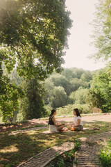 Mentor and student before Mindful meditation and yoga in an open area. Deep relaxation and inner...