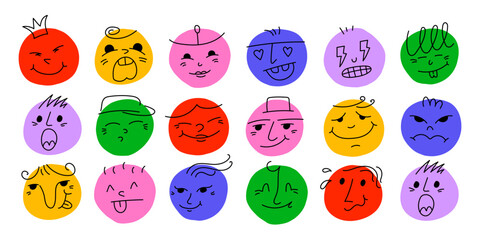 Round Abstract Comic Faces with Different Emotions. Pencil drawing style. Various colorful characters. Cartoon style. Flat design. Hand drawn fashion vector illustration.