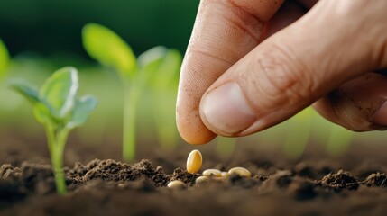 Planting seeds in rich soil, hand gently places seed, symbolizing growth and nurturing. 