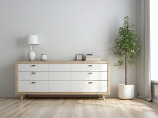 White Dresser with Wooden Top, Lamp, and Plant in a Modern Interior