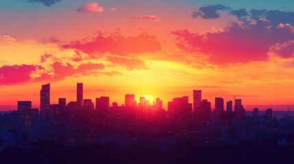 Fototapeta premium A panoramic view of a vibrant city skyline at sunset, offering space for text in the sky. Great for urban, travel, or cityscape-themed designs.