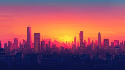 Obraz premium A panoramic view of a vibrant city skyline at sunset, offering space for text in the sky. Great for urban, travel, or cityscape-themed designs.