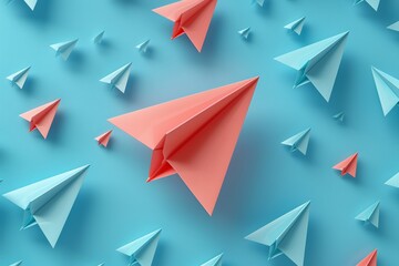 A 3D rendering shows a red paper airplane leading and following white planes on a blue background, symbolizing strategic business leadership.