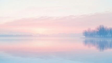 Fototapeta premium A peaceful lakeside view at dawn with soft pastel skies, leaving room for text. Great for relaxation, nature, or morning-themed designs.