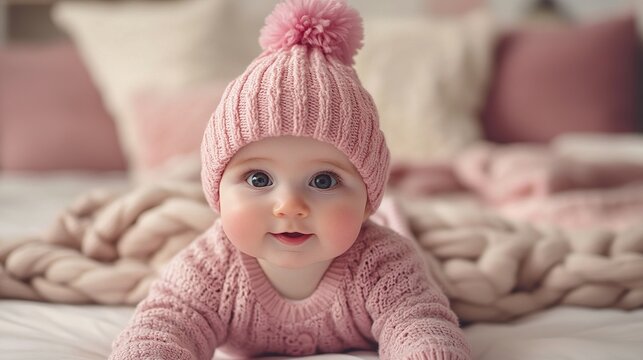 Baby girl in pink outfit with pom-pom hat crawling on bed surrounded by soft blankets