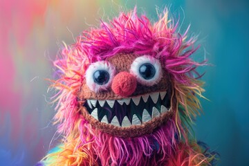 A fun and colorful rainbow furry monster puppet with large eyes and sharp teeth, perfect for children’s entertainment and puppet shows.