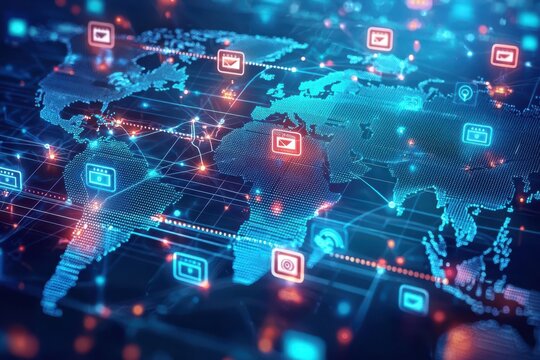 A global map with secure data transfer icons, representing the movement of encrypted information across secure networks