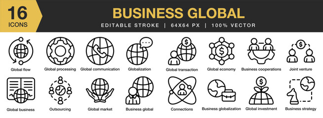 Business Global icon set. Editable Stroke Icon Collection. Includes global flow, investment, market, processing, transaction, and More. Outline icons vector collection.