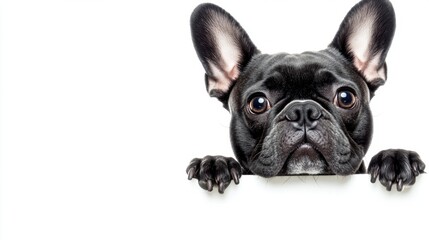Fototapeta premium Adorable black french bulldog peeking white edge