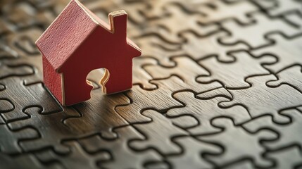 Home Buying Goal Concept with House Shaped Puzzle Piece on Wooden Puzzle Board Background