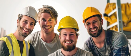 Four men wearing hard hats and smiling for a photo. They are all wearing safety vests. Scene is happy and friendly