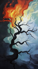 This striking artwork captures the intense contrast between fire and ice, represented through a gnarled tree, symbolizing the balance of opposing forces in nature and life.