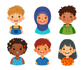 Collection of avatars featuring cheerful children. Cute faces of different nationalities boys and girls