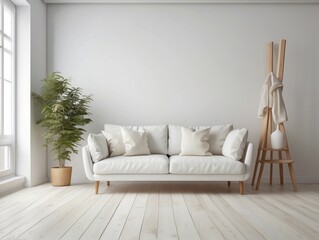 Minimalist Living Room with White Sofa and Natural Wood Accents