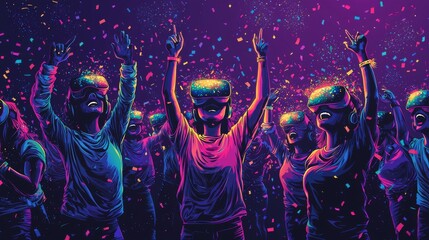 Obraz premium Virtual reality New Year celebration with festive crowd and vibrant confetti