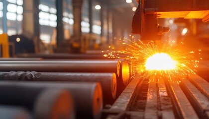 Dynamic industrial scene showcasing metal cutting sparks in a manufacturing environment with metal rods and machinery.