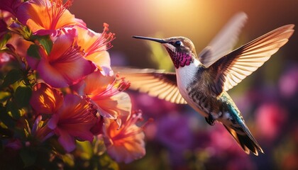 Fototapeta premium Hummingbird Flying near Flowers. hummingbird and flower.