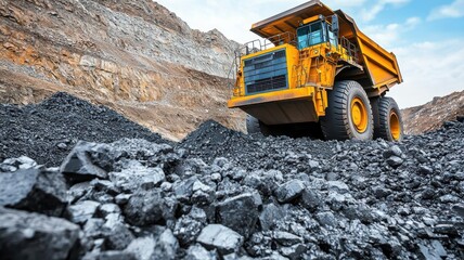 Obraz premium Heavy-duty dump truck transporting coal in a mining site against a rugged landscape under a blue sky.