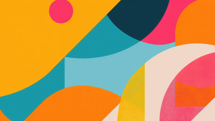 Abstract vibrant background with colorful shapes and curves in orange, pink, blue and yellow