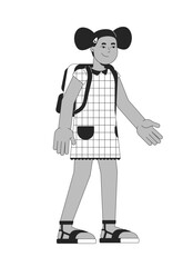 Smiling black schoolgirl back to school black and white 2D line cartoon character. African american pupil girl isolated vector outline person. Schoolchild elementary monochromatic spot illustration
