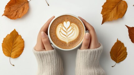 Warm hands cradle beautifully crafted latte art coffee, surrounded by autumn leaves, evoking cozy and inviting atmosphere. 