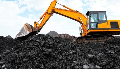 Obraz premium A powerful excavator moves dirt on a construction site, showcasing heavy machinery in action against a blue sky.