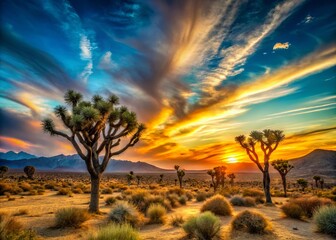 Desert sunset panorama silhouetting Joshua Trees against vibrant turquoise sky with wispy clouds, warm golden light, and rugged Antelope Valley landscape in sharp focus.