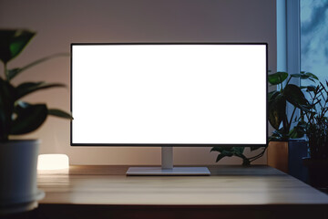 A computer monitor is sitting on a desk with a plant in front of it Mockups, Transparent PNG