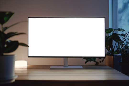 A computer monitor is sitting on a desk with a plant in front of it Mockups, Transparent PNG