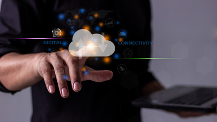 Young Man touch cloud computing diagram and laptop computer notebook in hand, Data storage, Cloud Computing Storage
