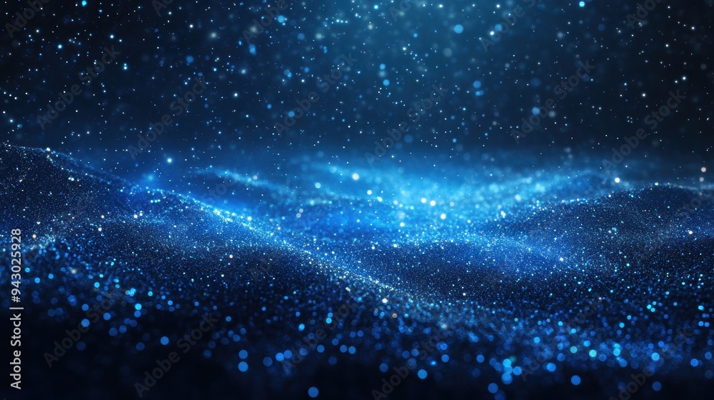 Wall mural sparkling blue digital particles floating in dark space