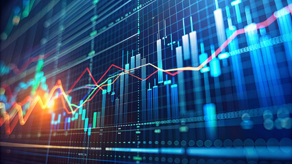 A vibrant digital graph presents fluctuating stock market trends, showcasing colorful lines representing prices and indicators over time, ideal for financial analysis