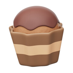 Chocolate Cup Cake 3D Rendering Icon Isolated Transparent Background	