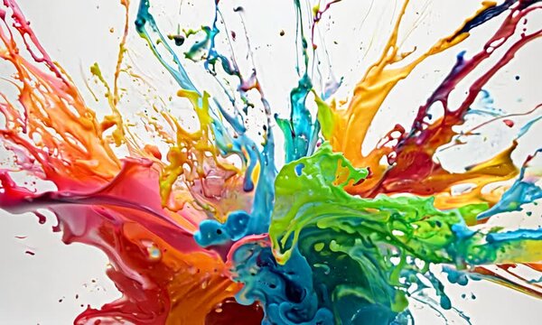 A splash of paint frozen in mid-air against a stark white background