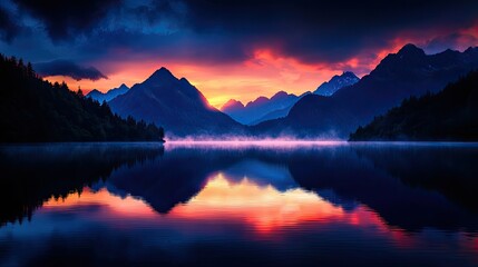 A stunning sunset over mountains, reflecting in a serene lake, showcasing vibrant colors and dramatic clouds.