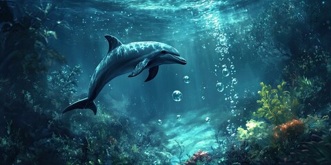 Fototapeta premium A dolphin swims through blue water with bubbles.
