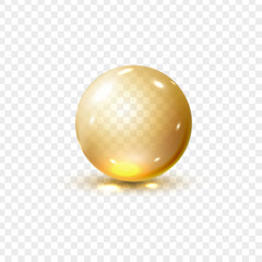 Realistic 3D golden glass ball with glares and highlights. Glossy volume orange circle with shadow. Transparent glass sphere. Spherical figure shape, crystal bubble. Vector render illustration