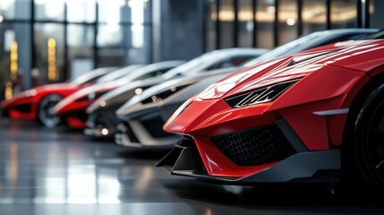 Luxury cars lineup in a showroom, with emphasis on the red car in the front. The background is blurred, highlighting the cars. Concept of luxury, individuality, discrimination