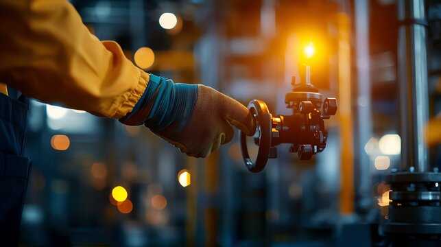 Close-up of a gloved hand turning a valve in a petrochemical plant, detailed focus on the control mechanisms and safety gear, harsh industrial lighting, precise detail