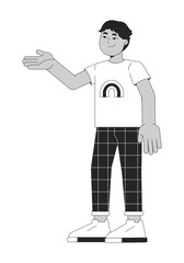 Boy pointing aside black and white 2D line cartoon character. Cute middle eastern little child gesturing isolated vector outline person. Childhood healthy activity monochromatic flat spot illustration