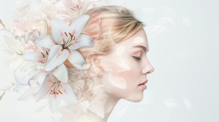 A woman with a flowery headdress and a white background. The flowers are white and pink