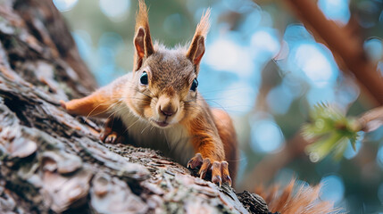 Tiny mouse perched on a tree branch holding an orange berry, highlighting the delicate and agile nature of small rodents in their natural woodland environment