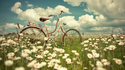 Fototapeta premium Beautiful vintage style photo of a bicycle in a flower field.
