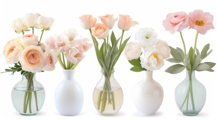 Obraz premium A row of vases with flowers in them, each with a different color. The vases are arranged in a line, with the first vase on the left and the last on the right