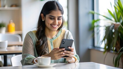 "Joyful Indian Woman Using Smartphone in Cafe" – A smiling Indian woman engrossed in her smartphone while sitting in a modern cafe.
