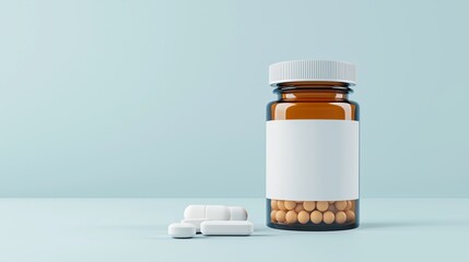 Brown glass pill bottle with blank label and white capsules on a light blue background, representing medication design.