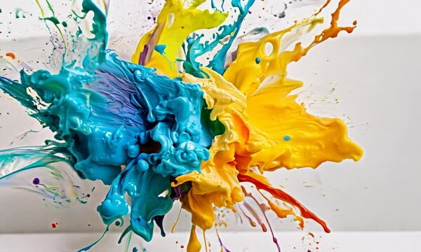 A splash of paint frozen in mid-air against a stark white background