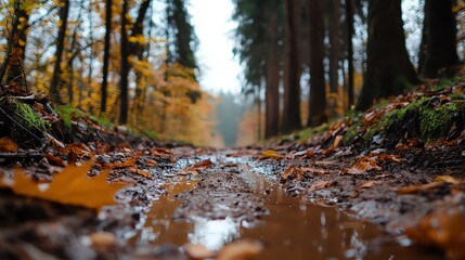 Forest trail covered in mud and puddles, leaves scattered across the path, trees towering on both sides, overcast day with diffused light, natural and rugged setting
